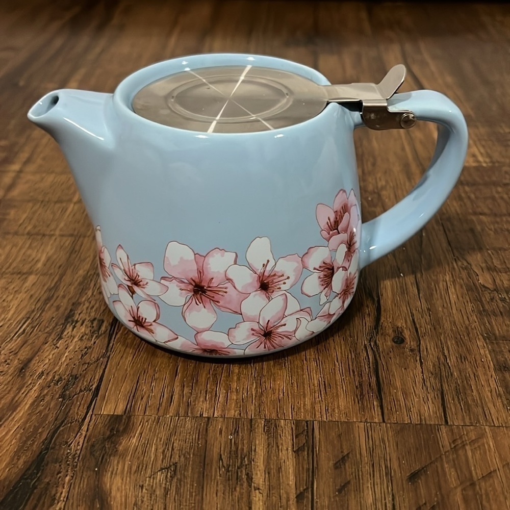 Alfred Ceramic and Stainless Steel Teapot 20 oz Blue Pink Floral Cherry Blossom - Picture 3 of 10